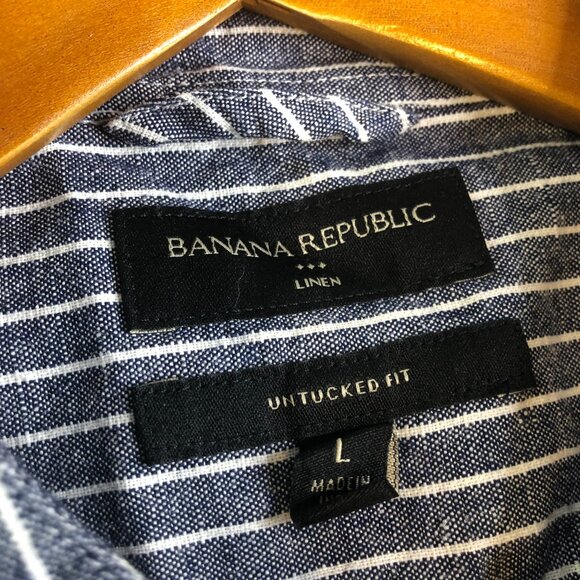 Banana Republic Shirt Mens Large Blue Button Linen Blend Stripe Band Collar - Picture 2 of 9
